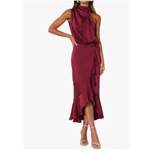 Kirundo Womens Sleeveless Satin Mock Neck Cocktail Midi Dress Ruffled Wrap Sz M